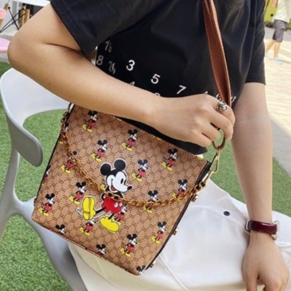 Mickey Mouse handbag Gold chain detail crossbody strap brown bag w black trim